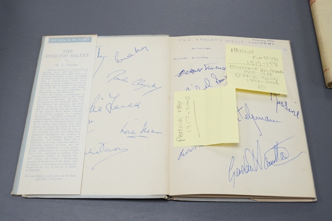 Two heavily autographed theatrical books; The English Ballet by W.J. Turner and A Theatre For Everybody by E.J. Dent, both extensively filled with autographs including; Alec Guiness, Margot Fonteyn, Pamela May, Robert He